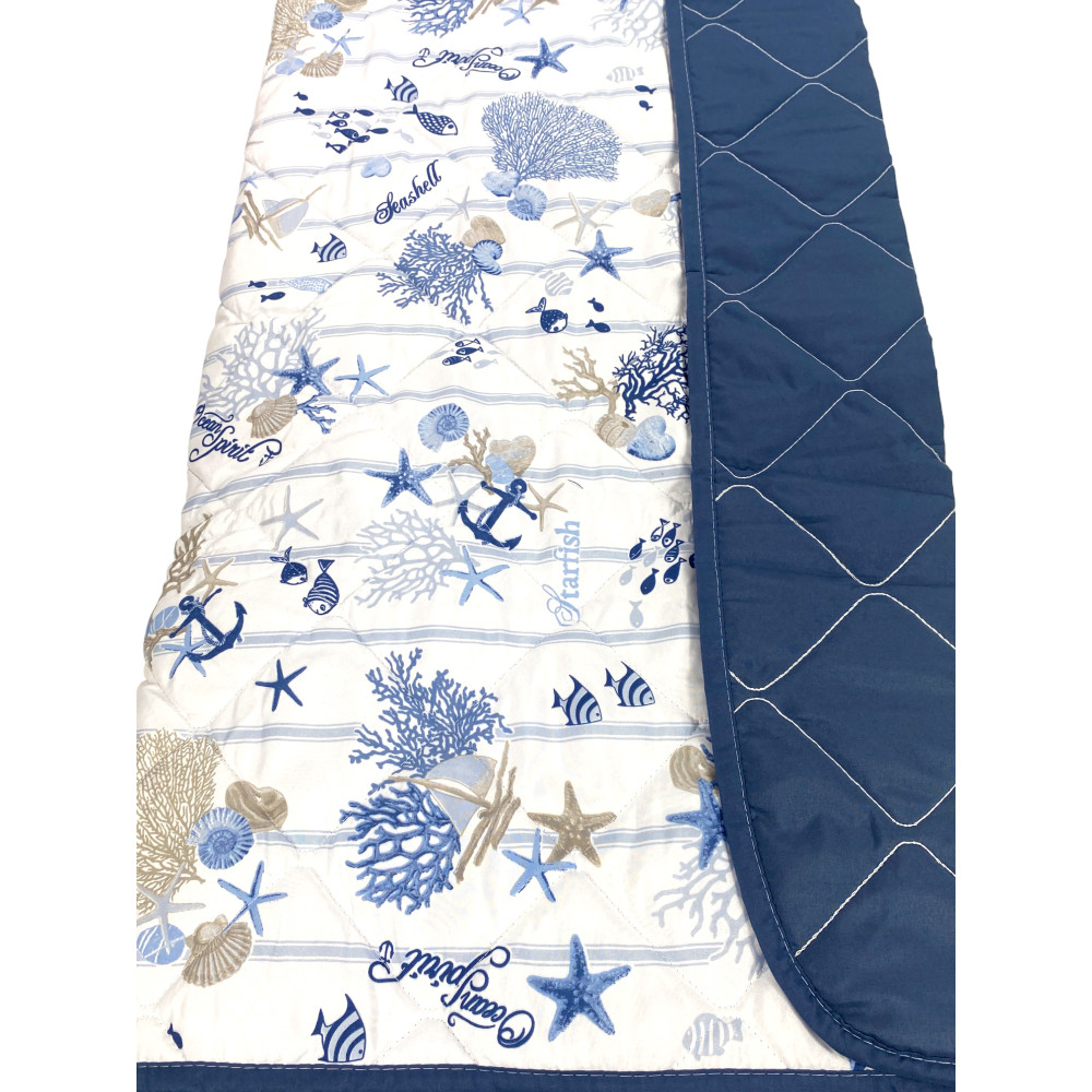 QUILTED BEDSPREAD WITH SEA BOW Corals and Shells with Striped Bottom Made in Italy