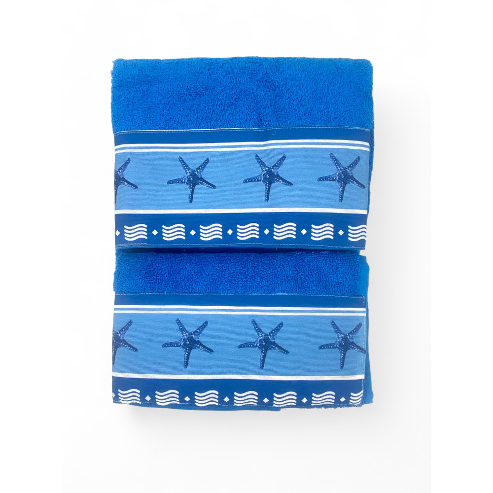 JUEGO de toallas con borde de estrella de mar azul en puro algodón Made in Italy