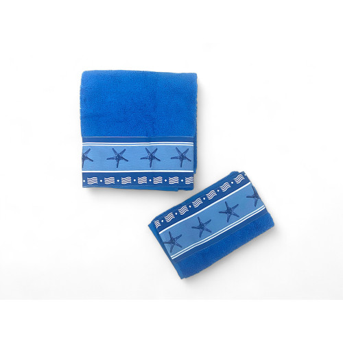 SET Handtücher mit blauem Seestern-Rand aus reiner Baumwolle Made in Italy
