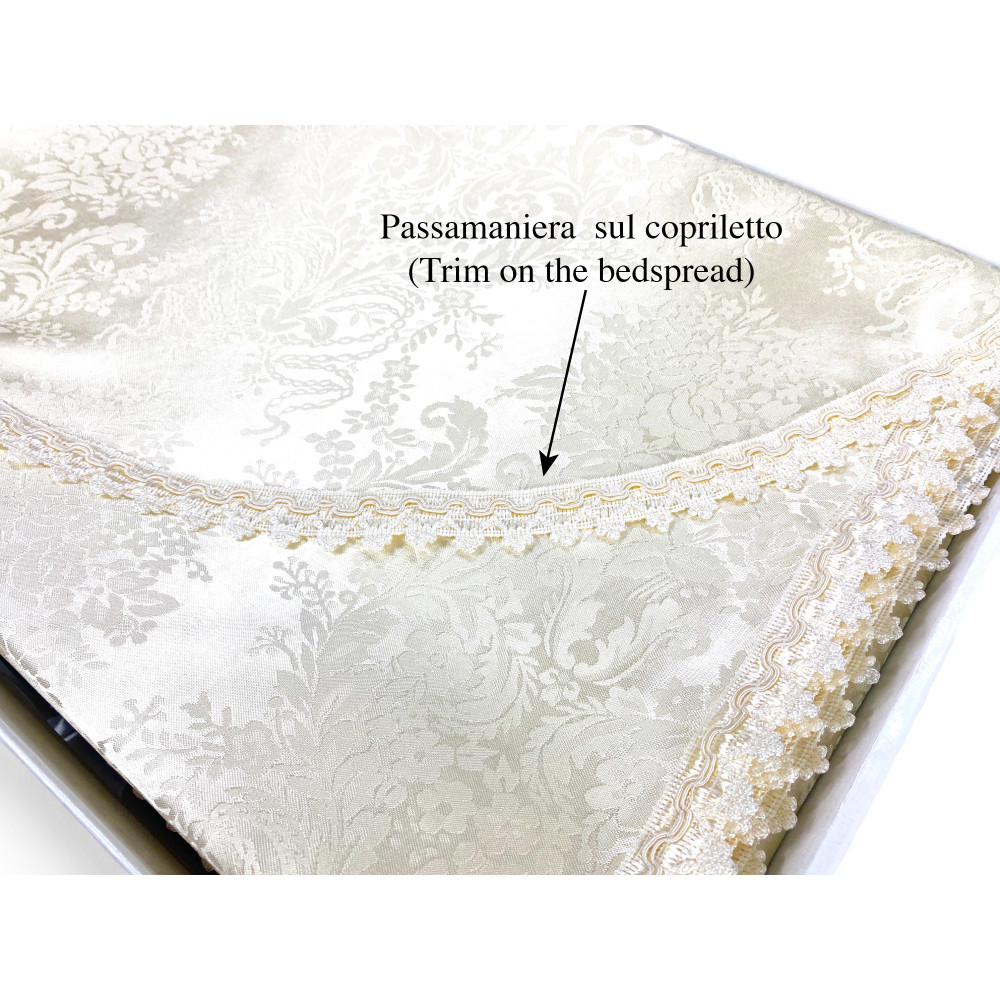 Queensize-Doppelbett-Set - Polyester-Satin-Laken mit Makramee-Spitze, Tagesdecke mit Posamenten, Made in Italy