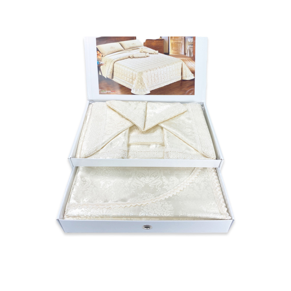 Parure de lit double Queen - Draps en satin de polyester avec dentelle macramé, couvre-lit avec garnitures, fabriqué en Italie