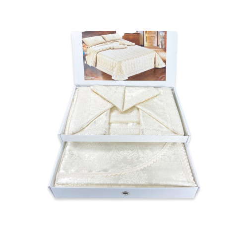 Queen Double Bed Set - Polyester Satin Sheets with Macramé Lace, Bedspread with Trimmings, Made in Italy