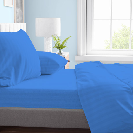 Light blue double sheet set - soft non-iron microfiber, solid color striped satin