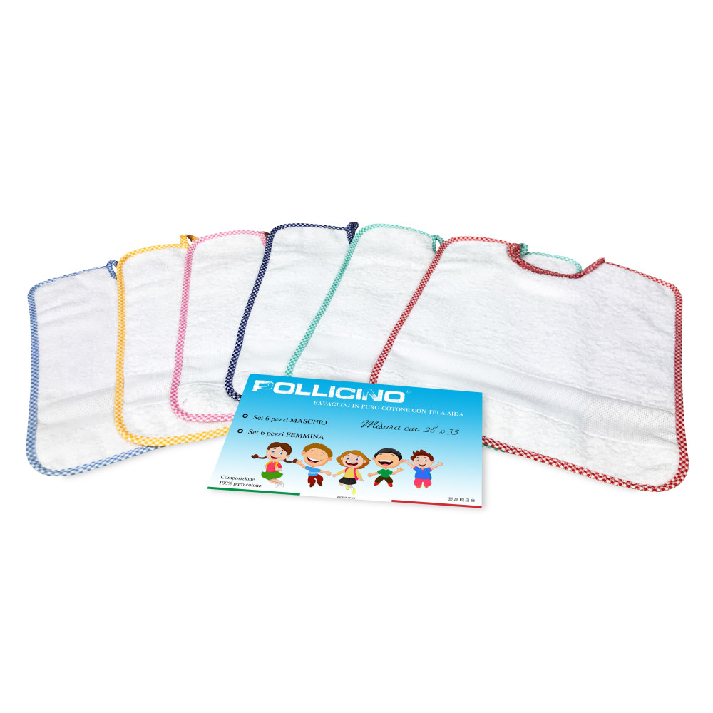 SET 6 BAVAGLINI BAVETTE bambino POLLICINO © cm. 28 x 33 bavaglio con elastico puro cotone con tela AIDA per ricamare il nome