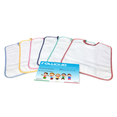 SET 6 BAVAGLINI BAVETTE bambino POLLICINO © cm. 28 x 33 bavaglio con elastico puro cotone con tela AIDA per ricamare il nome