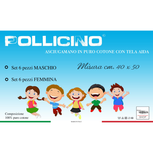 ENSEMBLE de 6 SERVIETTES de POLLICINO © ASILE sont bordées d'une COULEUR unie avec de la toile AÏDA à broder le nom de