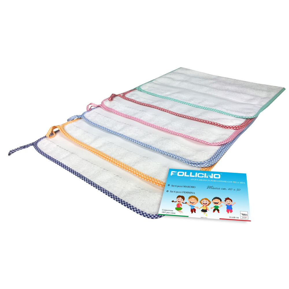 ENSEMBLE de 6 SERVIETTES de POLLICINO © ASILE sont bordées d'une COULEUR unie avec de la toile AÏDA à broder le nom de