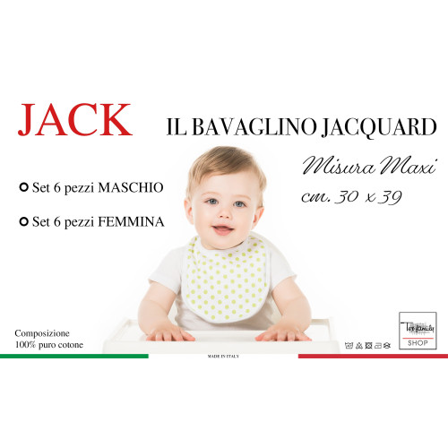 SET 6 BAVAGLINI BAVETTE bambino JACK © cm. 30x39 misura MAXI bavaglio con elastico puro cotone