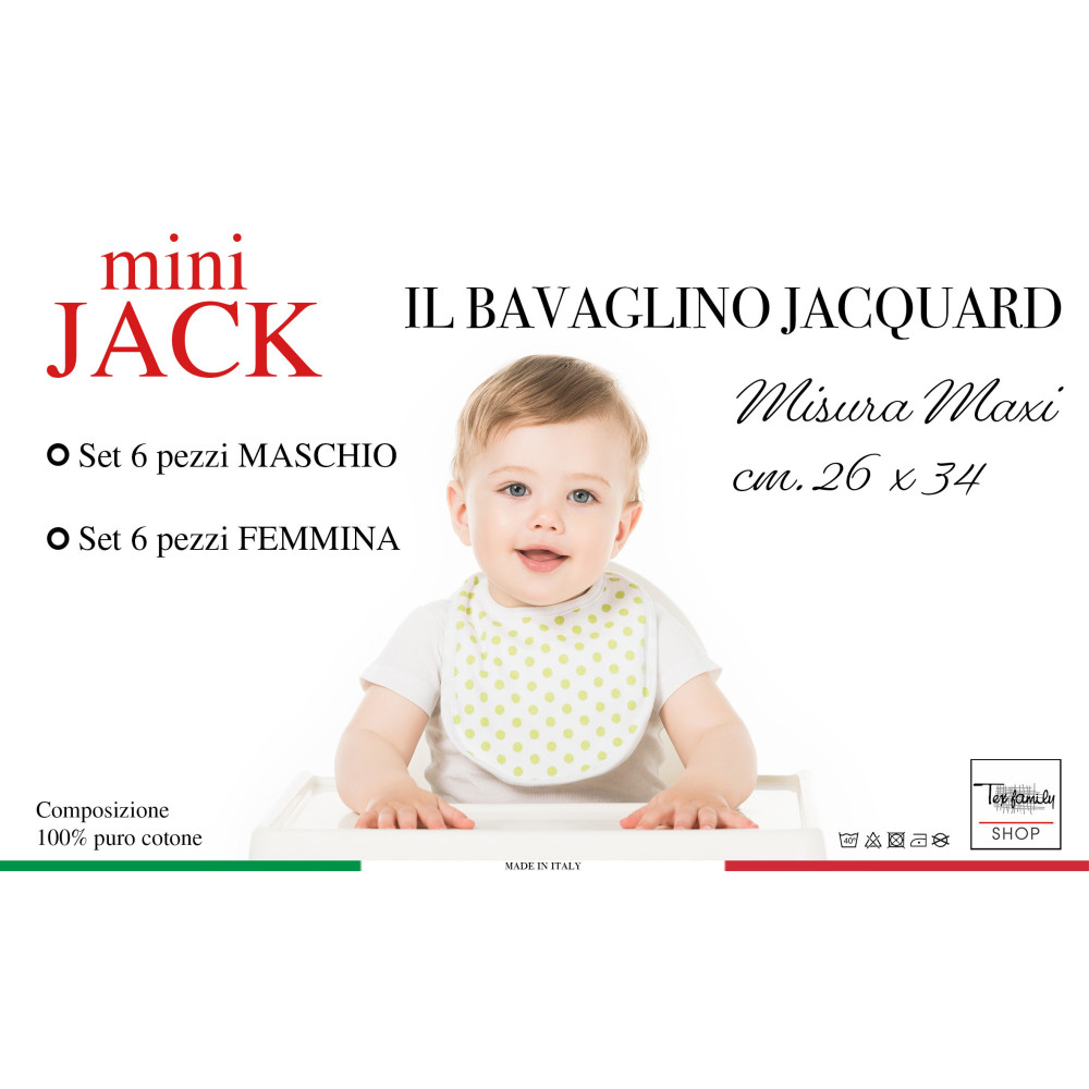 LÄTZCHEN-SET FÜR JUNGEN UND MÄDCHEN MINI JACK © cm. 26x34 Knebel mit Gummizug aus reiner Baumwolle