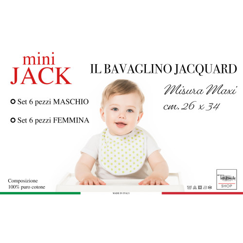 LÄTZCHEN-SET FÜR JUNGEN UND MÄDCHEN MINI JACK © cm. 26x34 Knebel mit Gummizug aus reiner Baumwolle