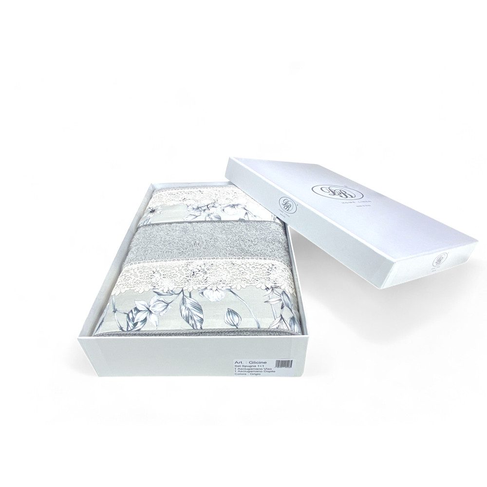 Set Asciugamani con Pizzo Macramè Glicine Grigio, Made in Italy
