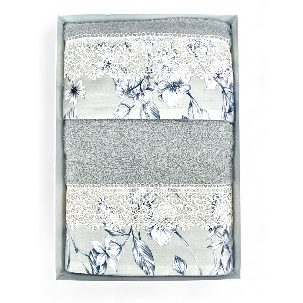 Set Asciugamani con Pizzo Macramè Glicine Grigio, Made in Italy