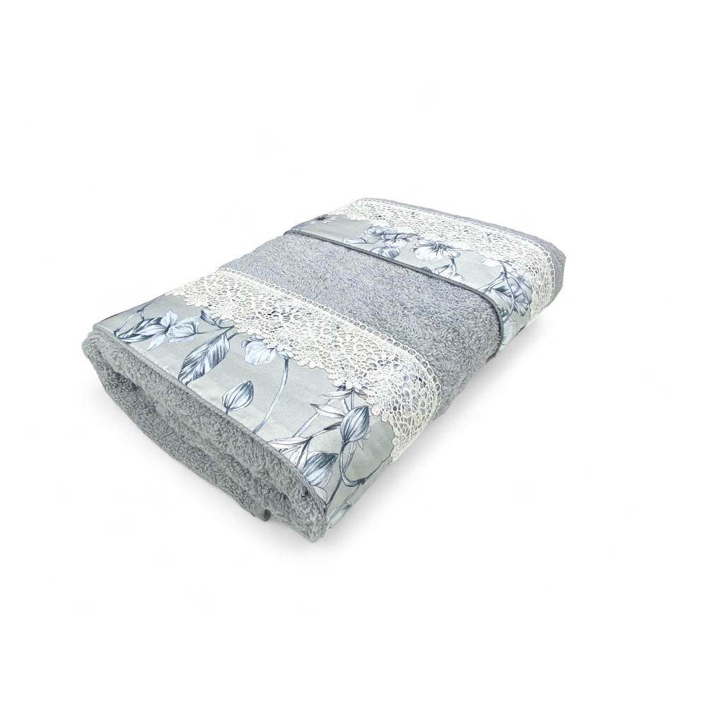 Juego de toallas con encaje Macramé Wisteria Gris, Made in Italy