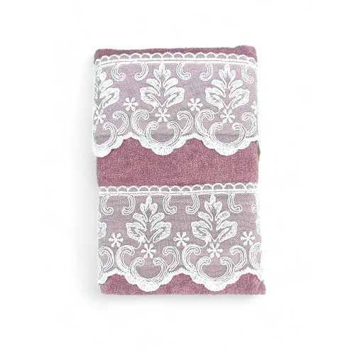 Juego de toallas de encaje Malika Macramé rosa, Made in Italy, Regalo elegante