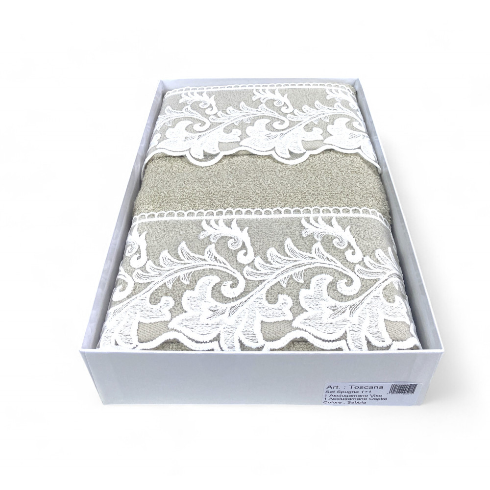 Set de serviettes avec dentelle macramé toscane sable, fabriqué en Italie, cadeau élégant