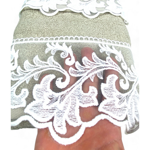 Juego de toallas con encaje de macramé toscano arena, Made in Italy, Regalo elegante