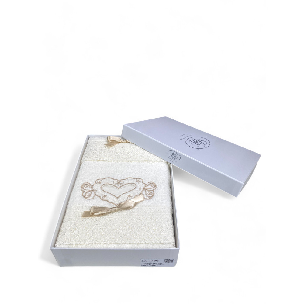 Cream Vanity Towel Set, Heart Embroidery, Lace, Elegant Gift, Made in Italy
