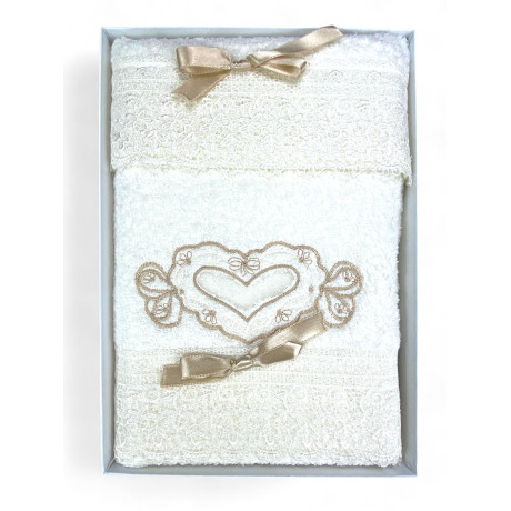 Set Asciugamani Vanità Panna, Ricamo Cuore, Pizzo, Regalo Elegante, Made in Italy 2