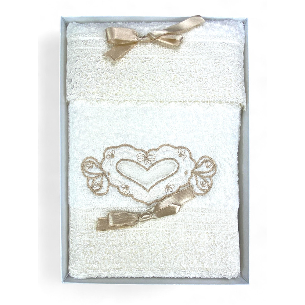 Ensemble de serviettes de toilette crème, broderie coeur, dentelle, cadeau élégant, fabriqué en Italie