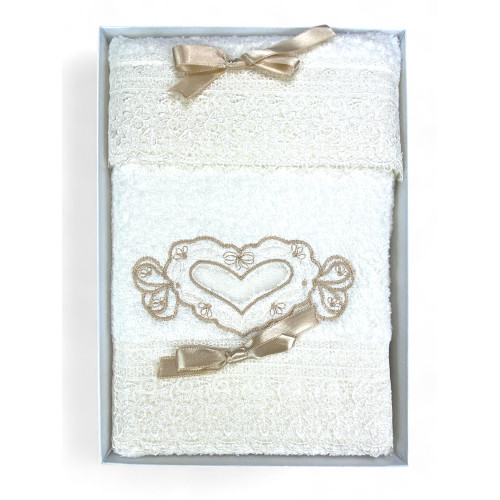 Set Asciugamani Vanità Panna, Ricamo Cuore, Pizzo, Regalo Elegante, Made in Italy
