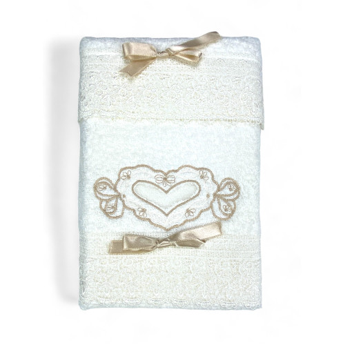 Creme Waschtisch Handtuch Set, Herzstickerei, Spitze, elegantes Geschenk, Made in Italy