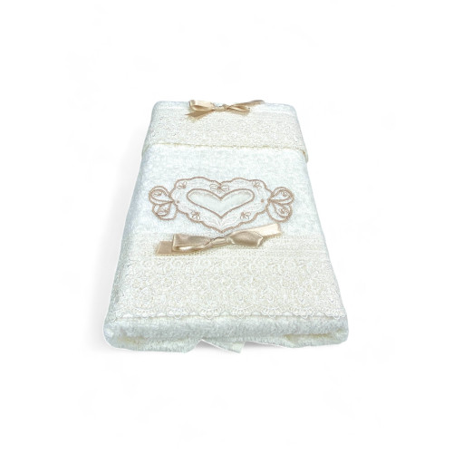 Creme Waschtisch Handtuch Set, Herzstickerei, Spitze, elegantes Geschenk, Made in Italy
