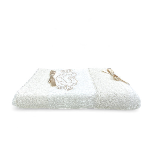 Juego de toallas de tocador crema, bordado en corazón, encaje, regalo elegante, Made in Italy