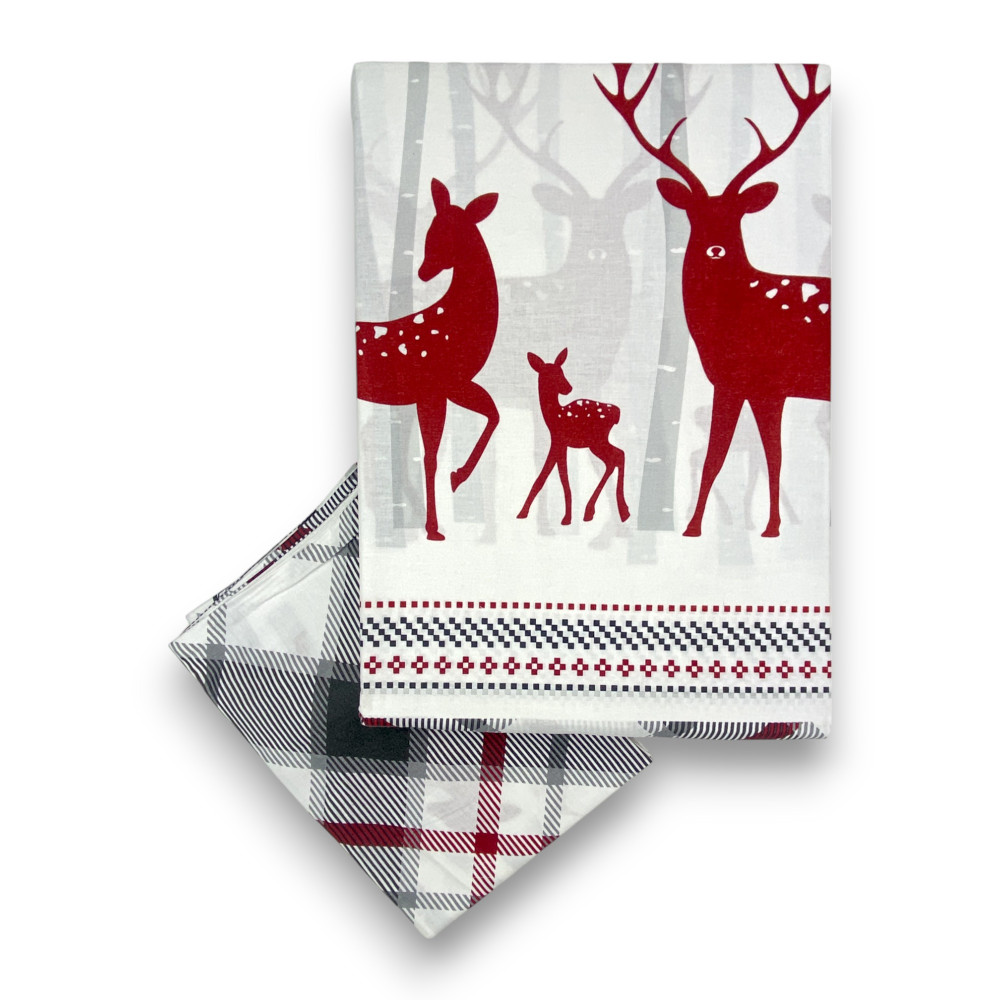Housse de couette double motif écossais cerf rouge et tartan gris en coton double face