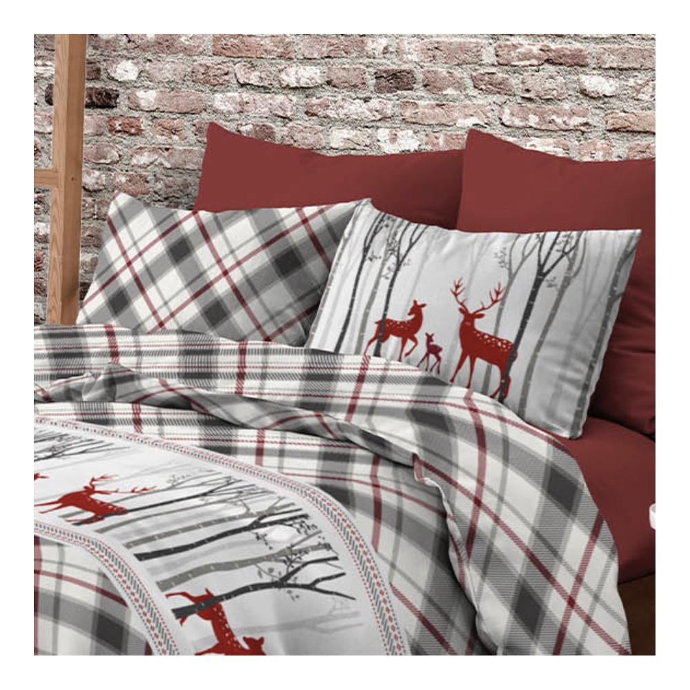 Housse de couette double motif écossais cerf rouge et tartan gris en coton double face