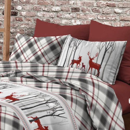 Copripiumino Matrimoniale Fantasia Scozzese Cervo Rosso e Tartan Grigio in Cotone Double Face