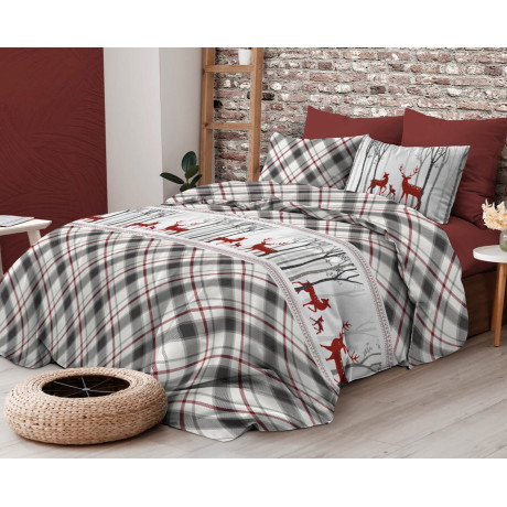 Copripiumino Matrimoniale Fantasia Scozzese Cervo Rosso e Tartan Grigio in Cotone Double Face