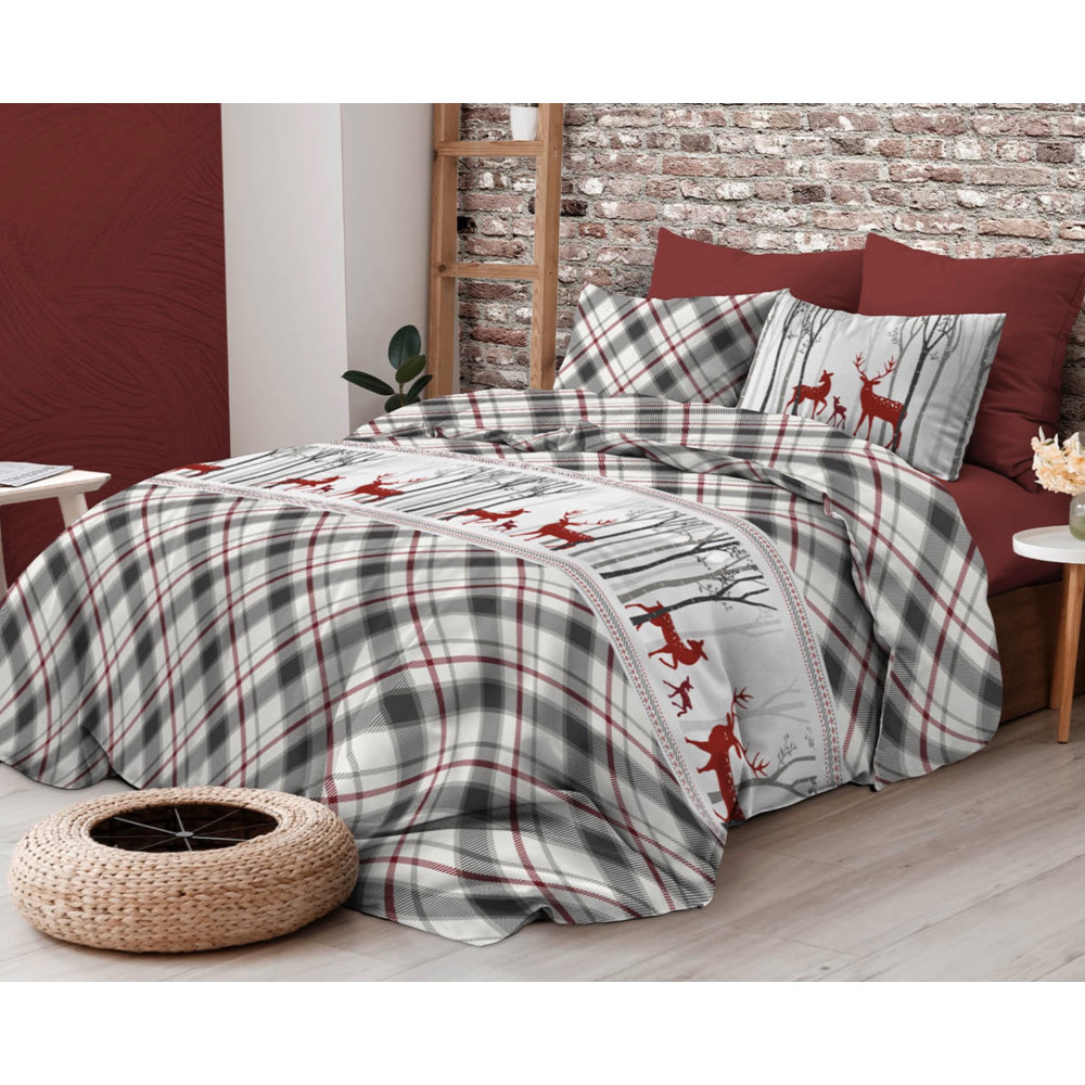 Copripiumino Matrimoniale Fantasia Scozzese Cervo Rosso e Tartan Grigio in Cotone Double Face