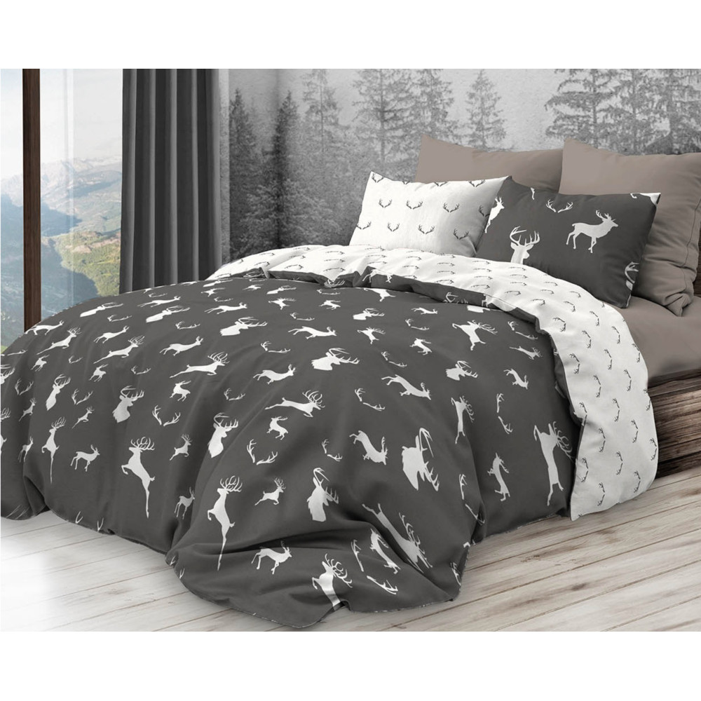 Contemporary Rustic Double Duvet Cover with White Deer on Grey | Double-sided cotton