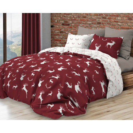 Housse de couette double face avec cerf blanc sur fond double bourgogne | 100% coton