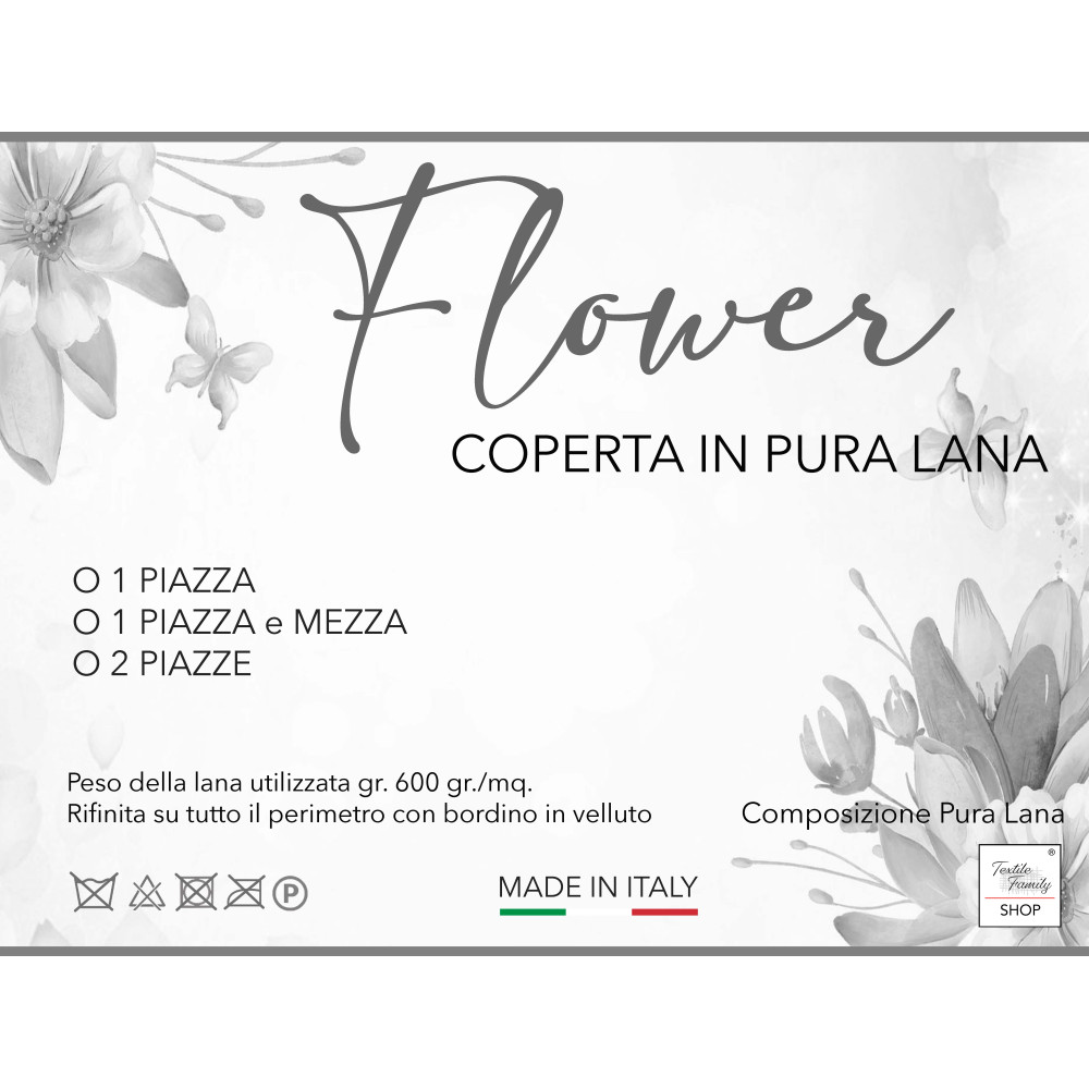 Couverture en pure laine « Flower » - douce et chaude, design classique - Made in Italy