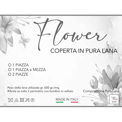 Couverture en pure laine « Flower » - douce et chaude, design classique - Made in Italy