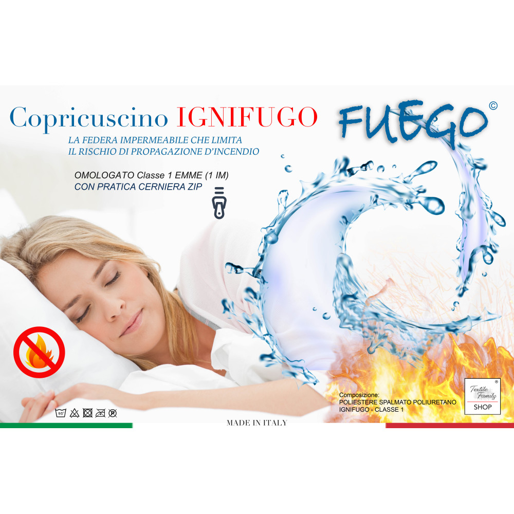 Housse d’oreiller ignifuge imperméable « FUEGO » Classe 1 - Fabriqué en Italie