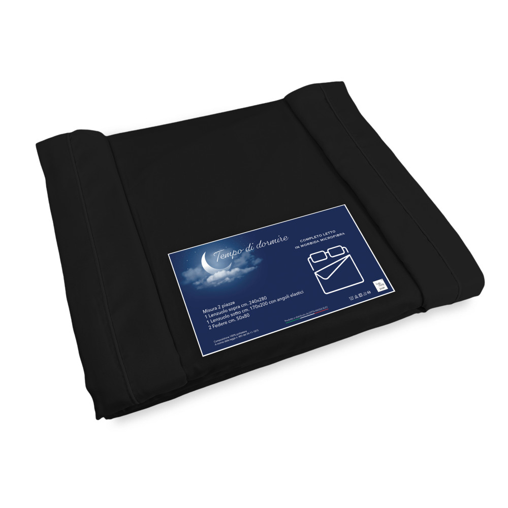 JUEGO DE SÁBANAS en microfibra suave TINTA Negro Doble 2 CUADRADOS sin plancha