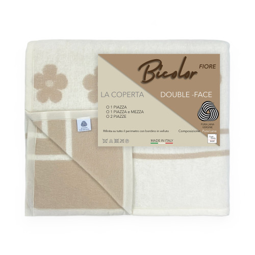 Two-tone flower blanket in branded virgin wool – Made in Italy, double sided hazelnut