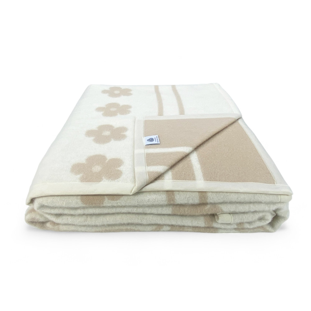 Coperta Bicolor Fiore in Lana Vergine Marchiata – Made in Italy, Doppia Faccia Nocciola