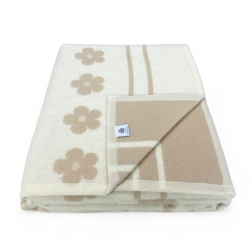 Couverture fleurie bicolore en laine vierge de marque – Made in Italy, double face noisette