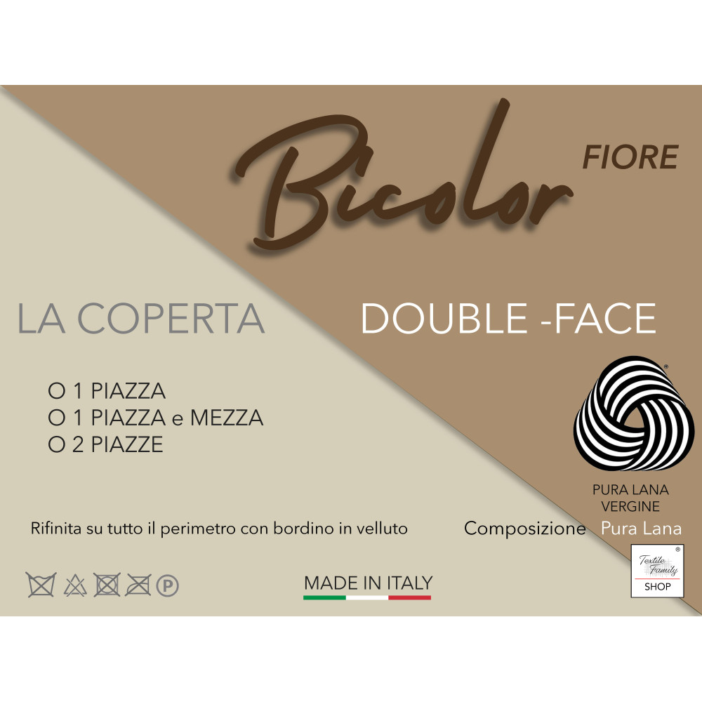 Coperta Bicolor Fiore in Lana Vergine Marchiata – Made in Italy, Doppia Faccia Nocciola