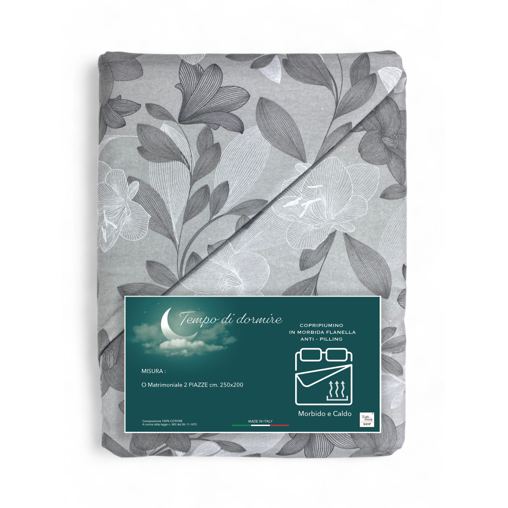 Copripiumino Matrimoniale Flanella 250x200 cm "Tempo di Dormire" - Fiore Grigio
