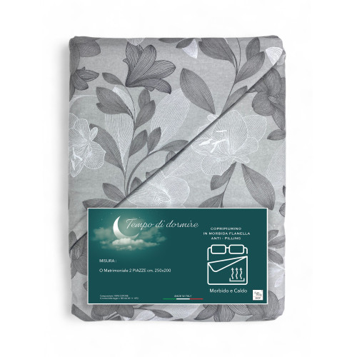 Copripiumino Matrimoniale Flanella 250x200 cm "Tempo di Dormire" - Fiore Grigio