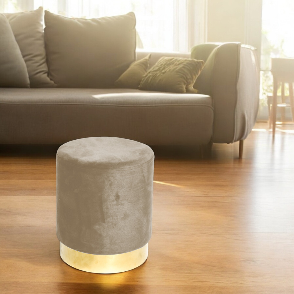 Pouf en velours gris tourterelle avec base dorée | Ø32xH40 cm, élégant et résistant