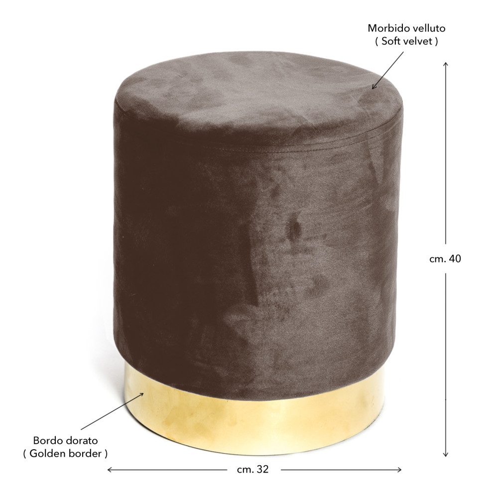 Puf Reposapiés de terciopelo en terciopelo marrón con base dorada | Ø32xH40 cm, Elegante y Resistente