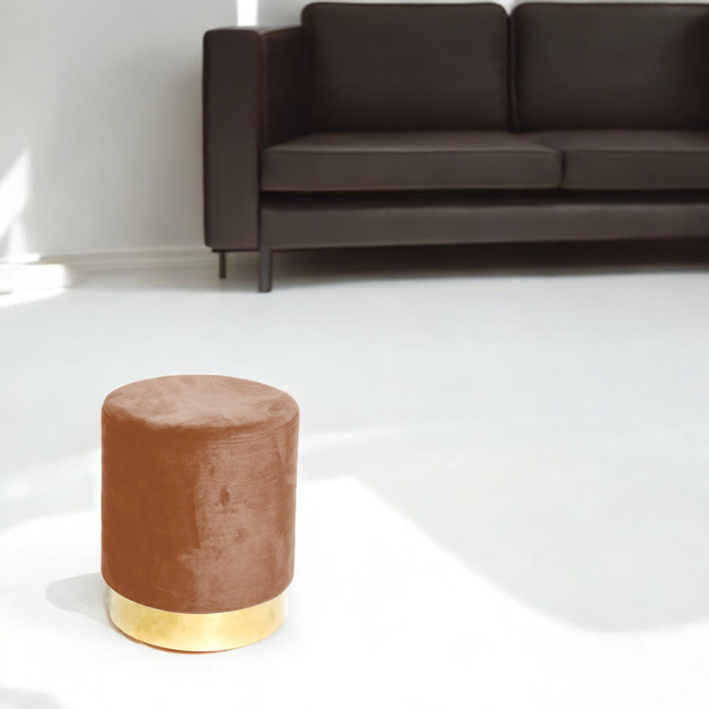 Velvet Hocker Pouf aus rostfarbenem Samt mit goldenem Sockel | Ø32xH40 cm, elegant und widerstandsfähig
