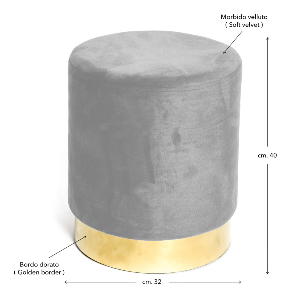 Pouf Poggiapiedi Velvet in Velluto Grigio Chiaro con Base Dorata | Ø32xH40 cm, Elegante e Resistente