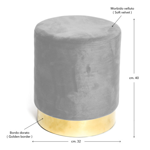 Pouf Poggiapiedi Velvet in Velluto Grigio Chiaro con Base Dorata | Ø32xH40 cm, Elegante e Resistente