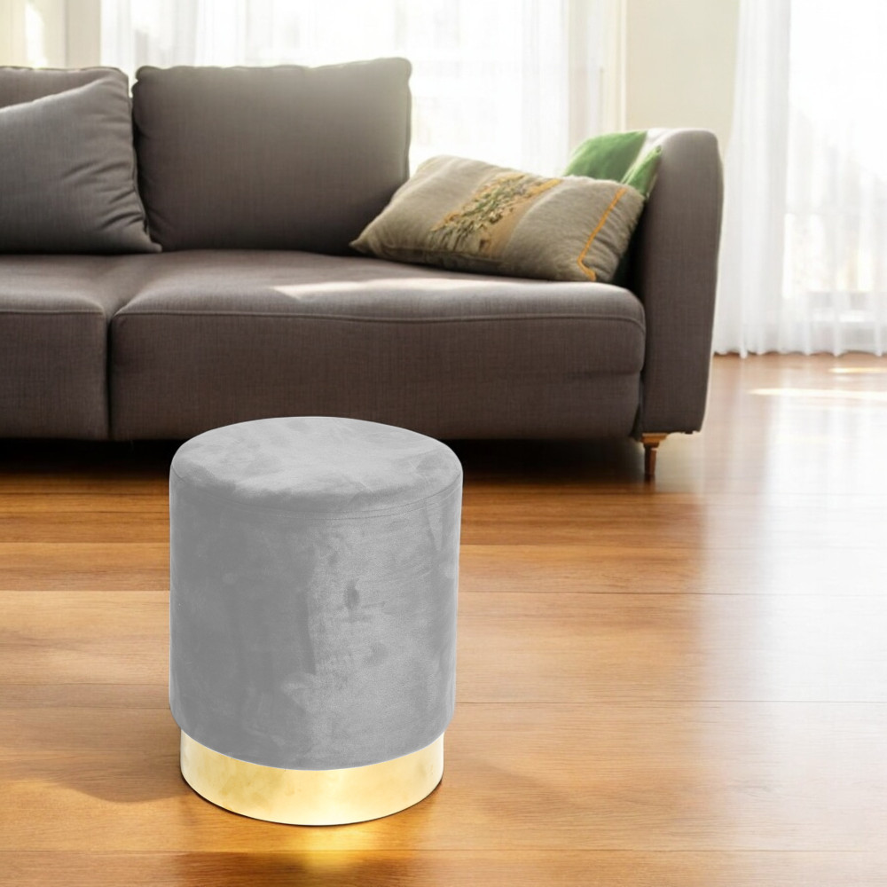 Pouf Poggiapiedi Velvet in Velluto Grigio Chiaro con Base Dorata | Ø32xH40 cm, Elegante e Resistente
